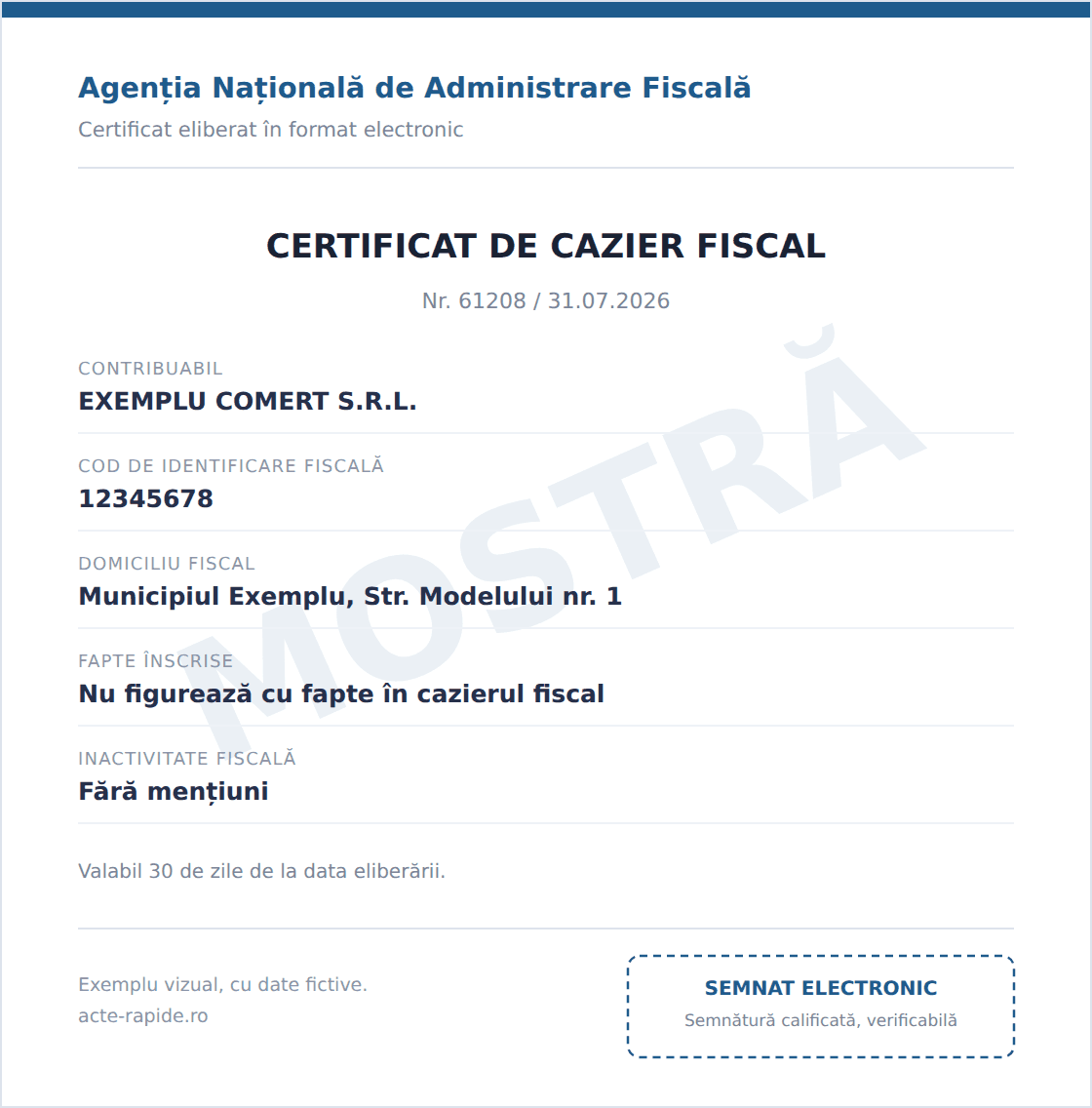Mostră Cazier fiscal, exemplu vizual cu date fictive, emis de ANAF