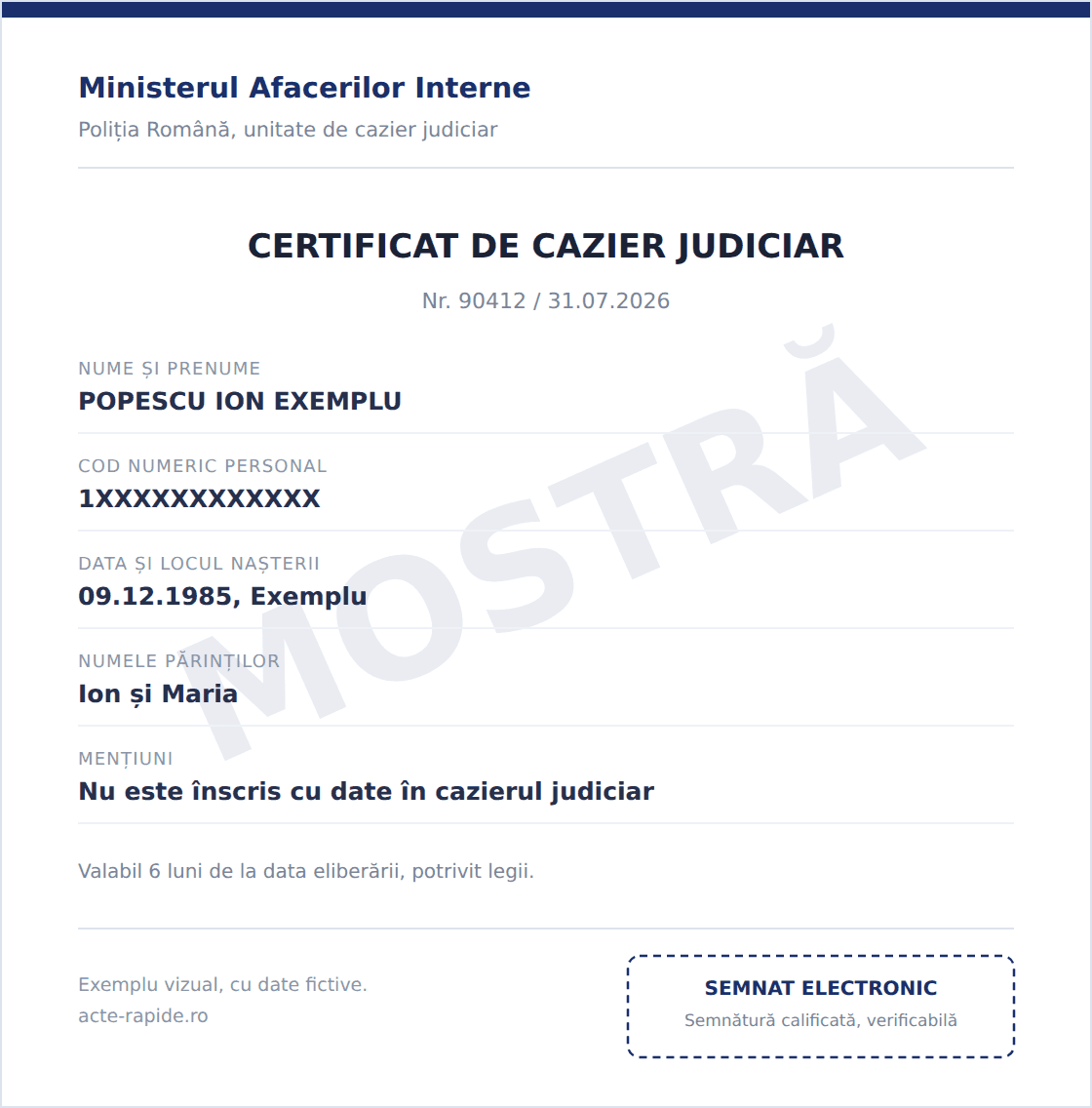Mostră Cazier judiciar, exemplu vizual cu date fictive, emis de MAI / Poliția Română