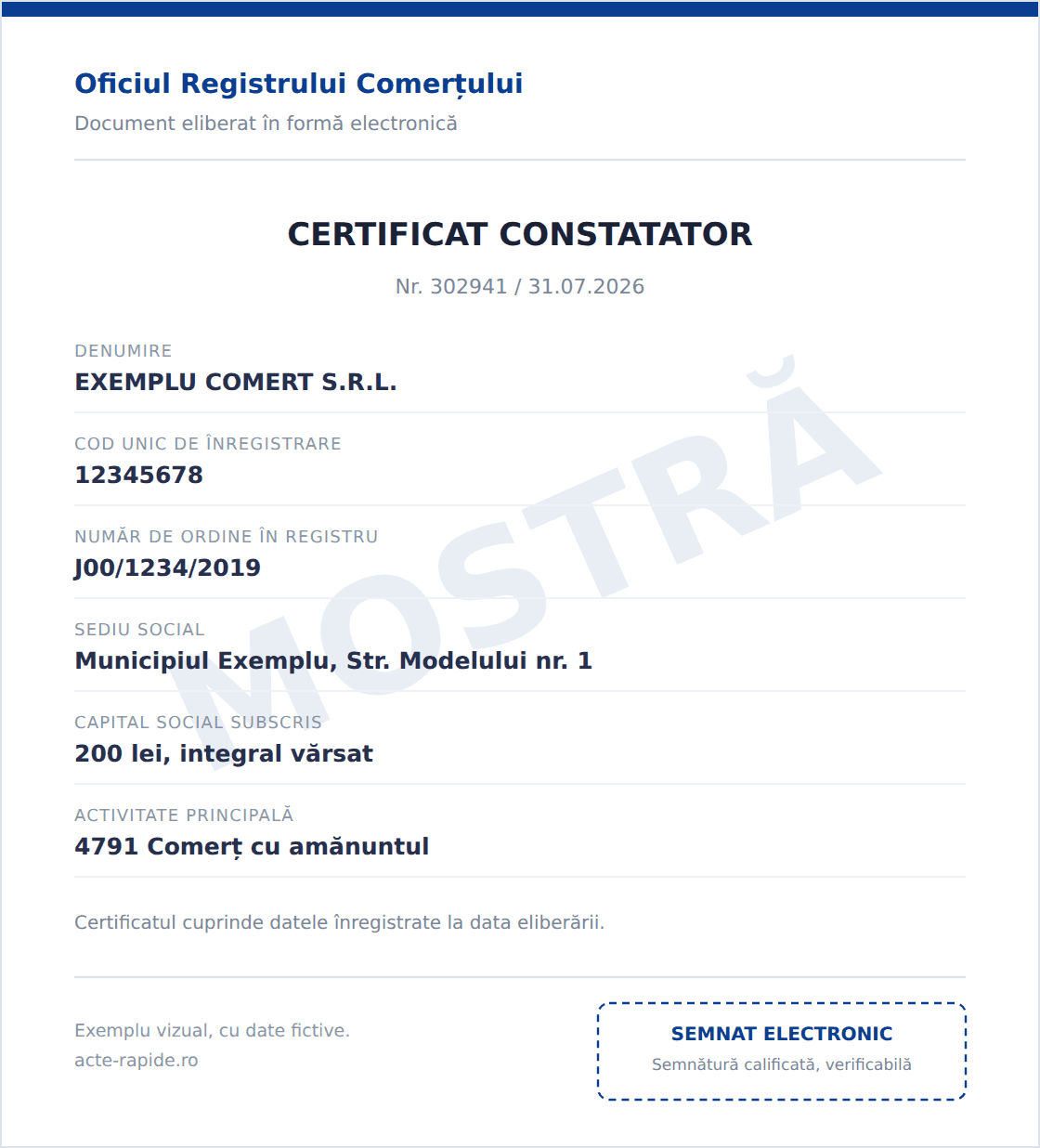 Mostră Certificat constatator, exemplu vizual cu date fictive, emis de ONRC