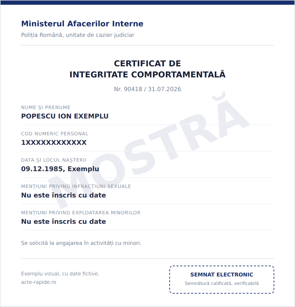 Mostră Certificat de integritate comportamentală, exemplu vizual cu date fictive, emis de MAI / Poliția Română