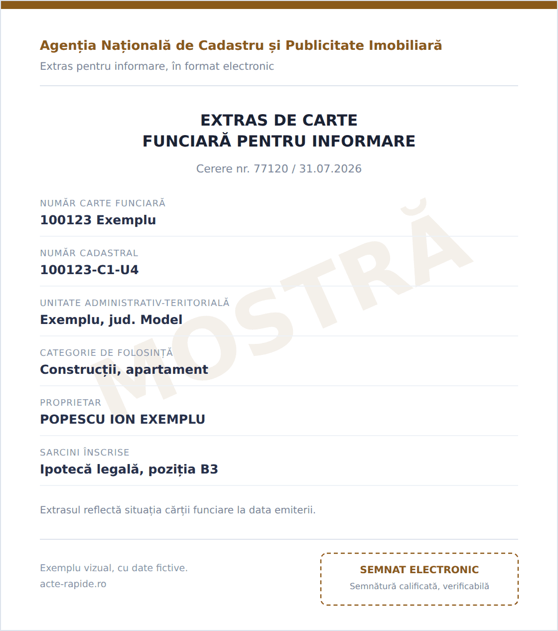 Mostră Extras carte funciară, exemplu vizual cu date fictive, emis de ANCPI