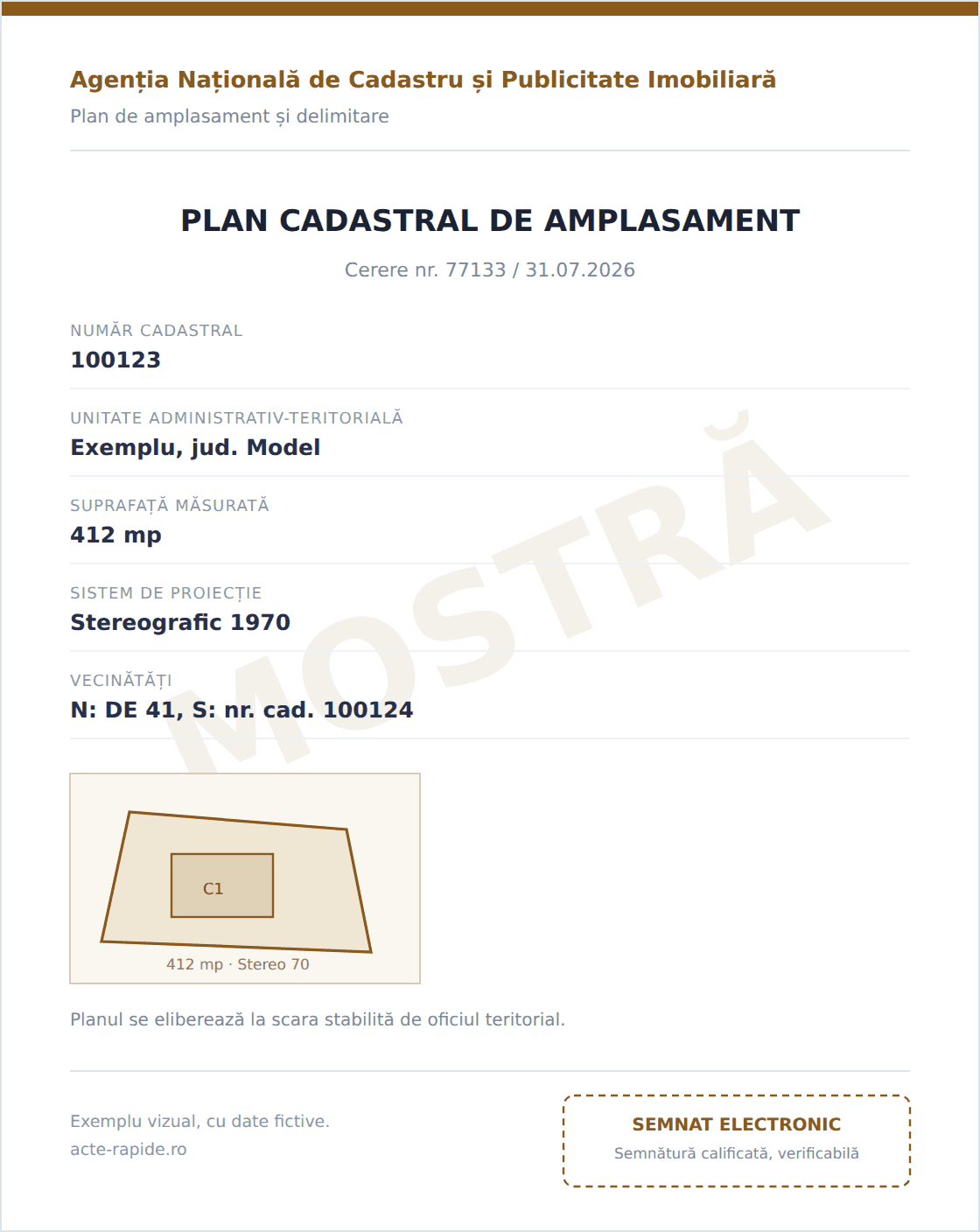 Mostră Extras plan cadastral, exemplu vizual cu date fictive, emis de ANCPI