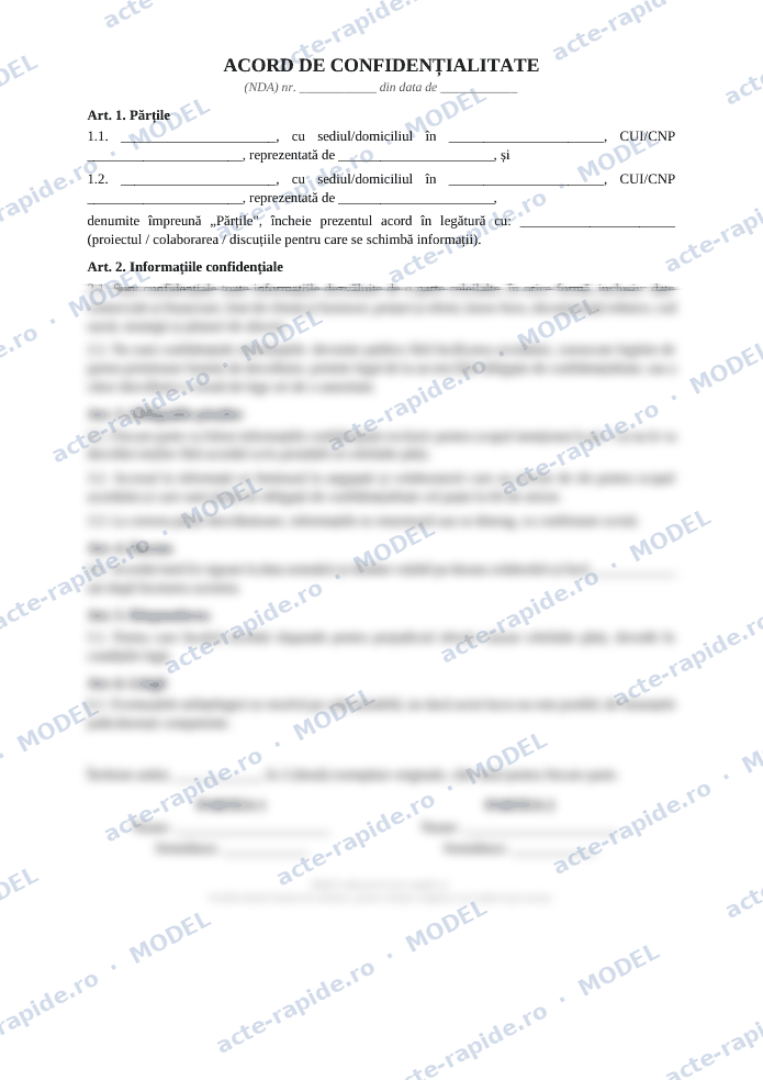 Model acord de confidențialitate NDA: prima pagină a modelului, parțial încețoșată