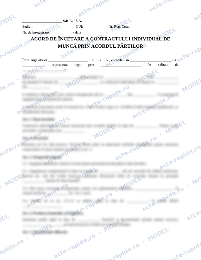 Model acord de încetare a CIM prin acordul părților: prima pagină a modelului, parțial încețoșată