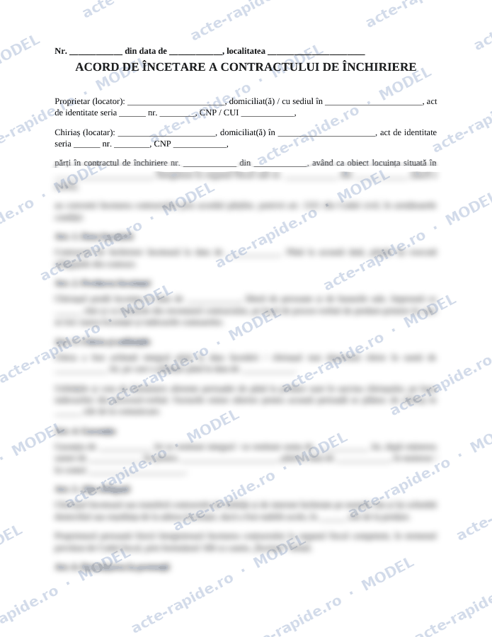 Model acord de încetare a contractului de închiriere: prima pagină a modelului, parțial încețoșată