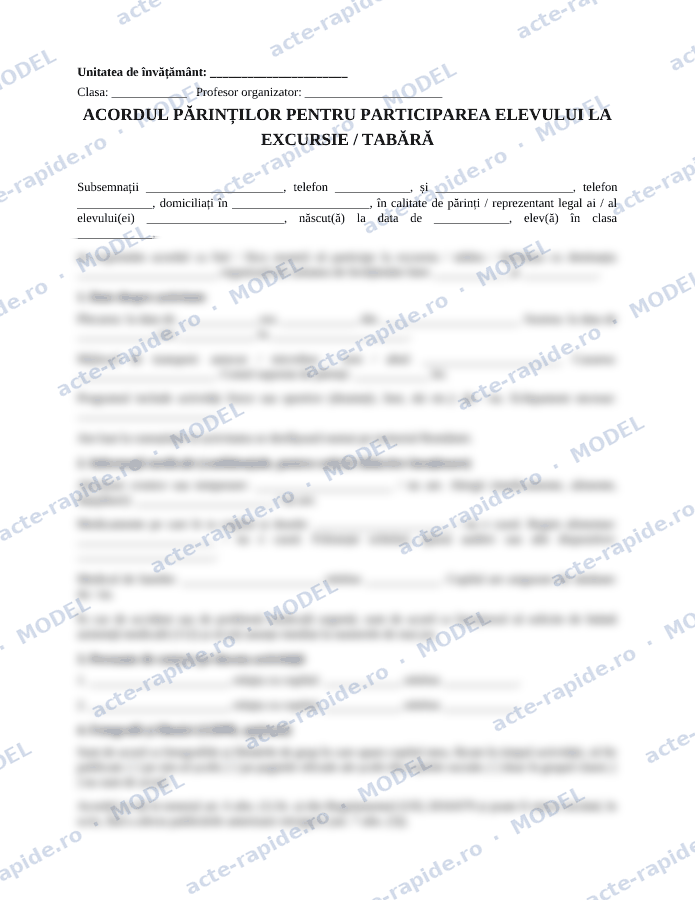 Model acord parental pentru excursie sau tabără școlară: prima pagină a modelului, parțial încețoșată