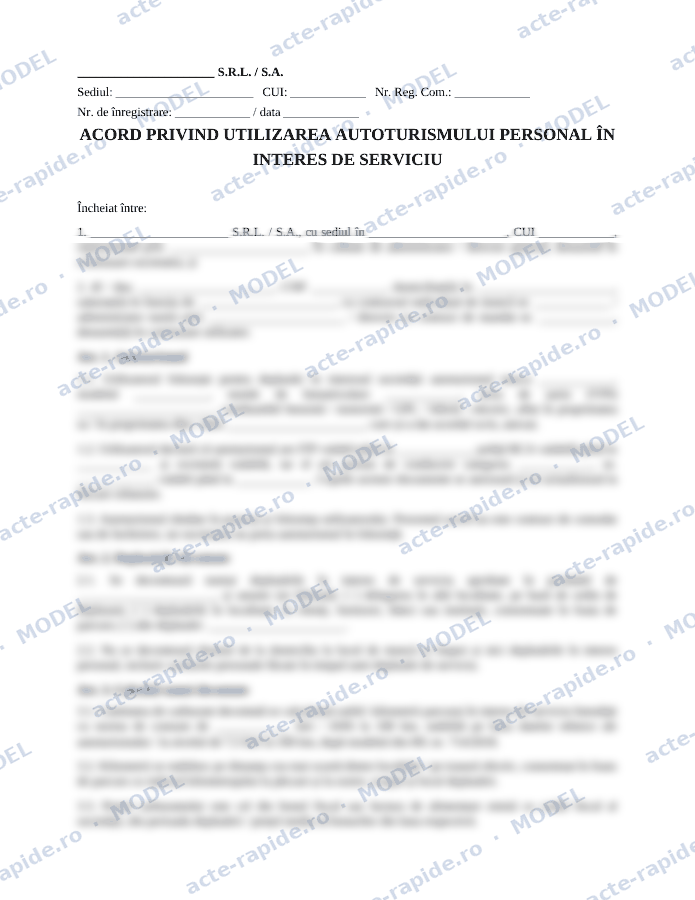 Model acord de utilizare a autoturismului personal în interes de serviciu: prima pagină a modelului, parțial încețoșată