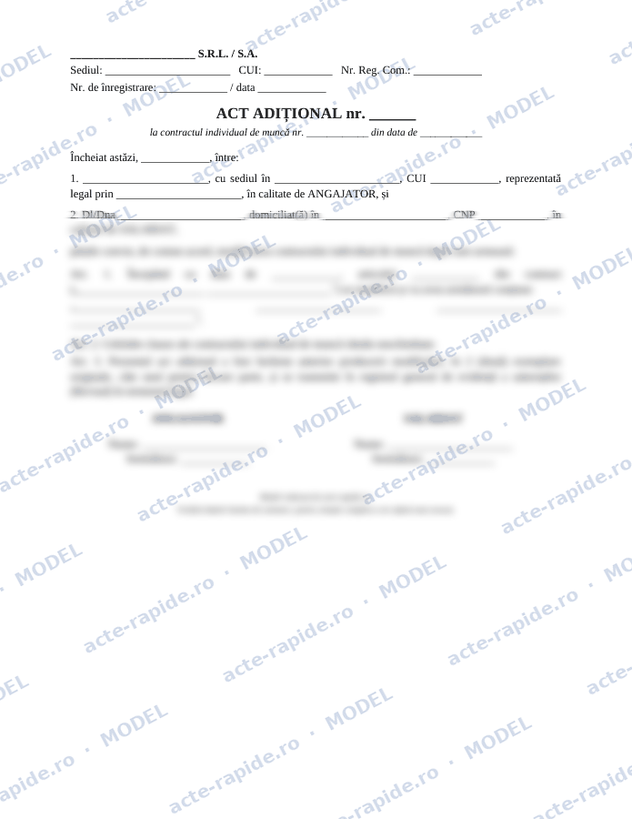 Model act adițional la contractul de muncă: prima pagină a modelului, parțial încețoșată
