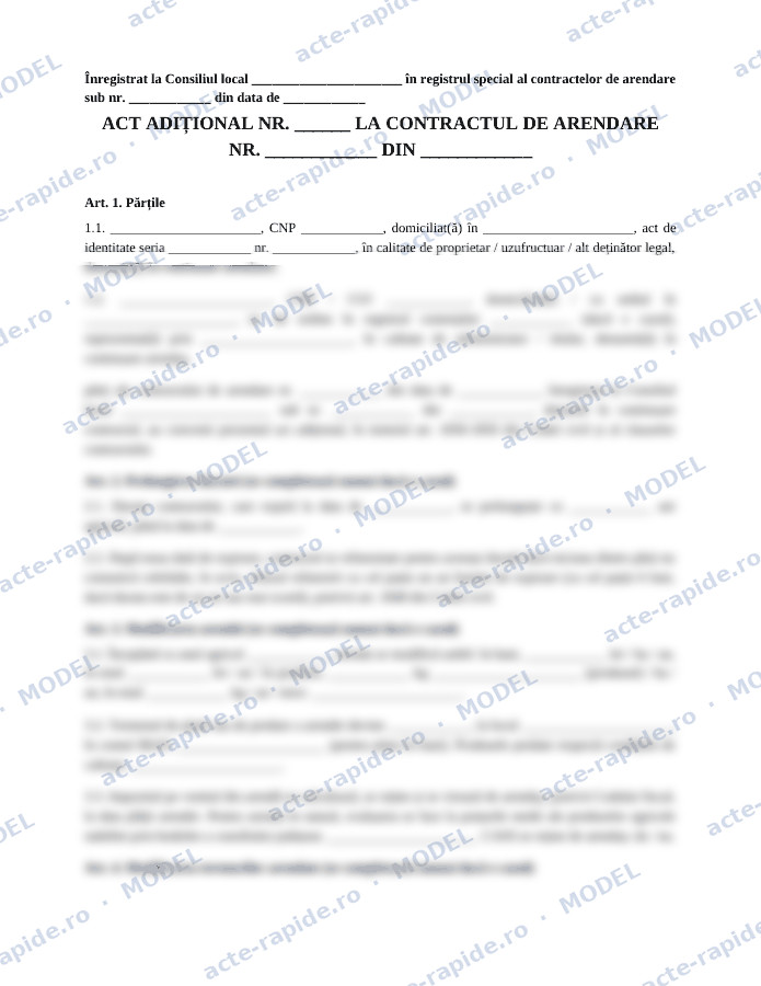Model act adițional la contractul de arendă: prima pagină a modelului, parțial încețoșată