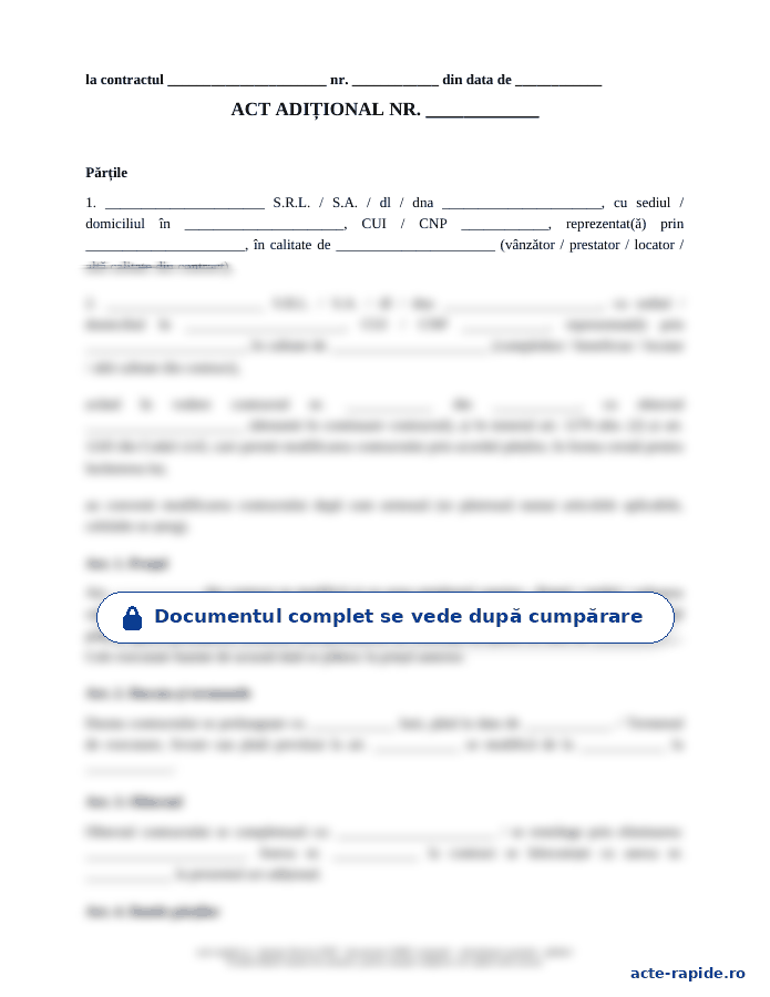 Model act adițional la contract: prima pagină a modelului, parțial încețoșată