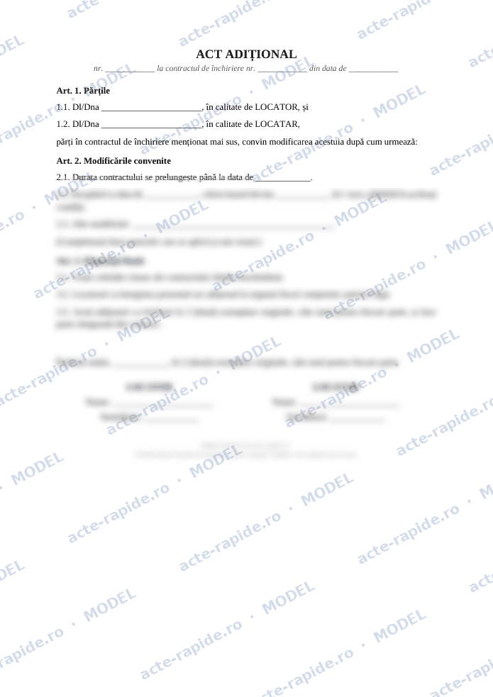 Model act adițional la contractul de închiriere: prima pagină a modelului, parțial încețoșată