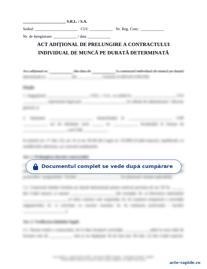Model act adițional de prelungire a contractului de muncă: prima pagină a modelului, parțial încețoșată