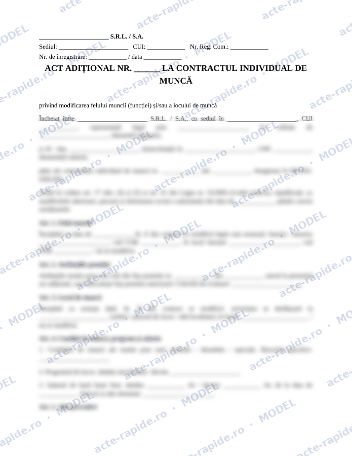 Model act adițional pentru schimbarea funcției și a locului de muncă: prima pagină a modelului, parțial încețoșată