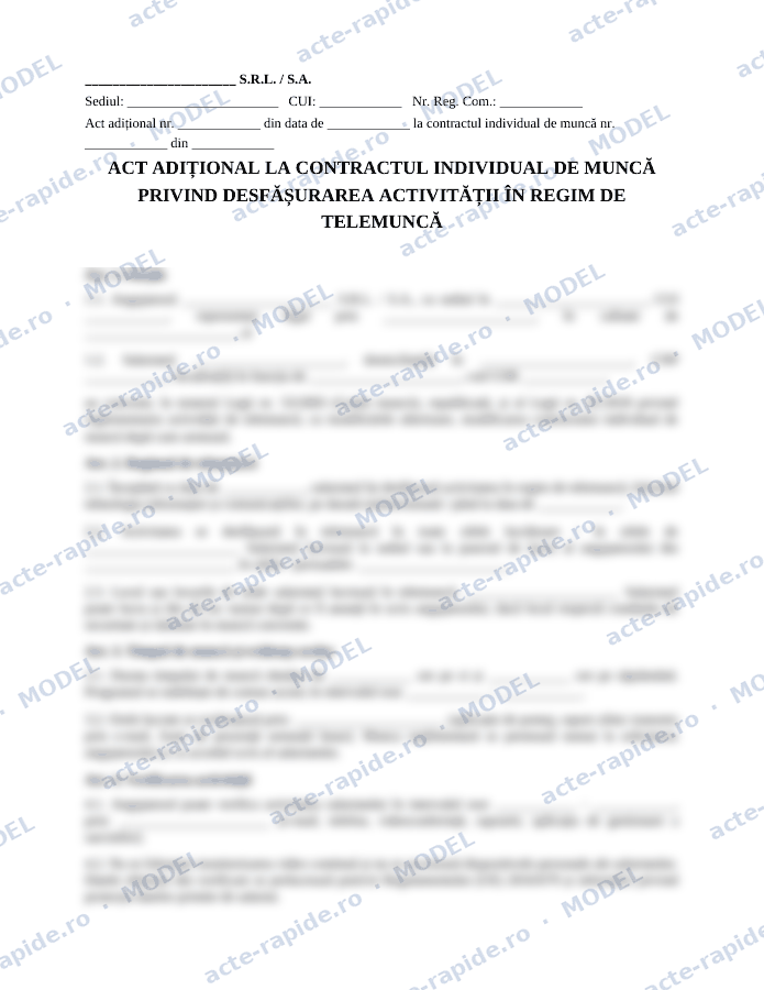 Model act adițional telemuncă: prima pagină a modelului, parțial încețoșată