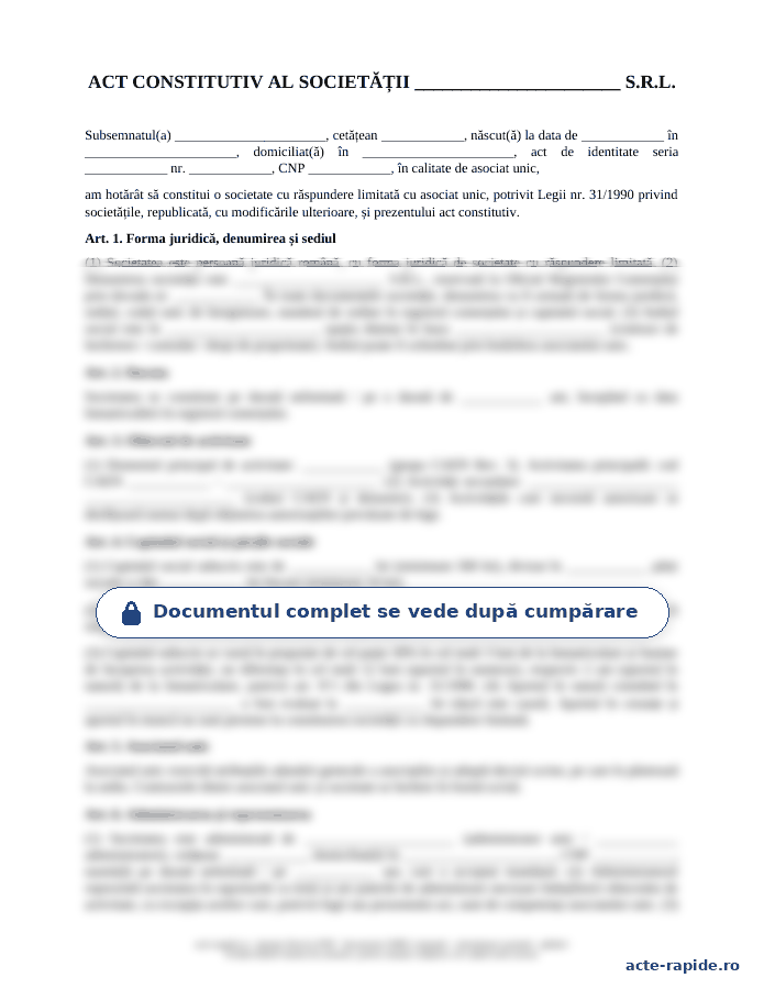 Model act constitutiv SRL cu asociat unic: prima pagină a modelului, parțial încețoșată