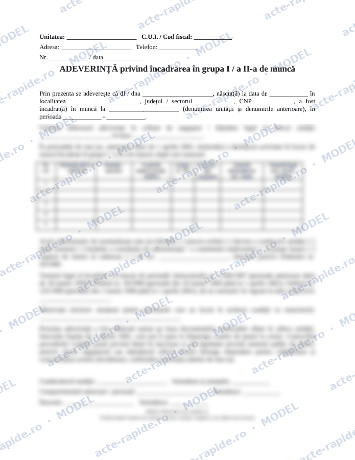 Model adeverință pentru grupa I sau a II-a de muncă: prima pagină a modelului, parțial încețoșată