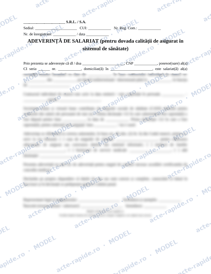 Model adeverință de salariat pentru medicul de familie: prima pagină a modelului, parțial încețoșată