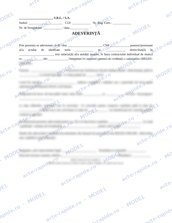 Model adeverință de salariat pentru înscrierea la grădiniță: prima pagină a modelului, parțial încețoșată