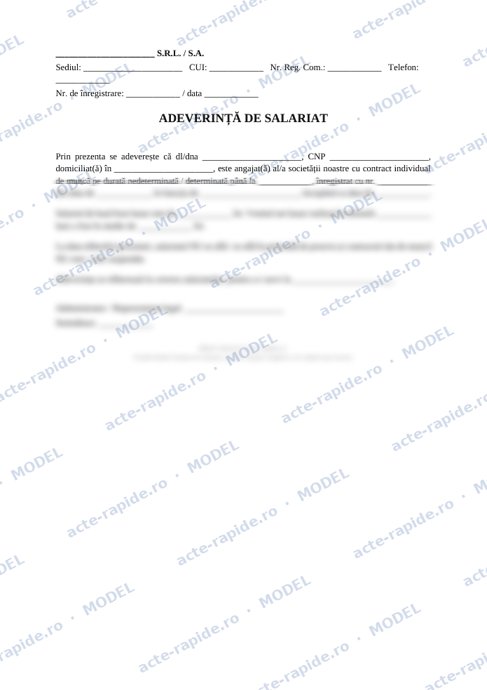 Model adeverință de salariat: prima pagină a modelului, parțial încețoșată