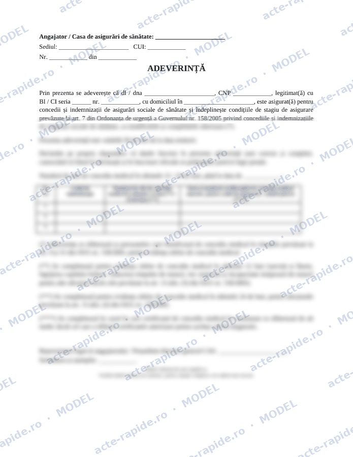 Model adeverință stagiu de cotizare pentru concediu medical: prima pagină a modelului, parțial încețoșată