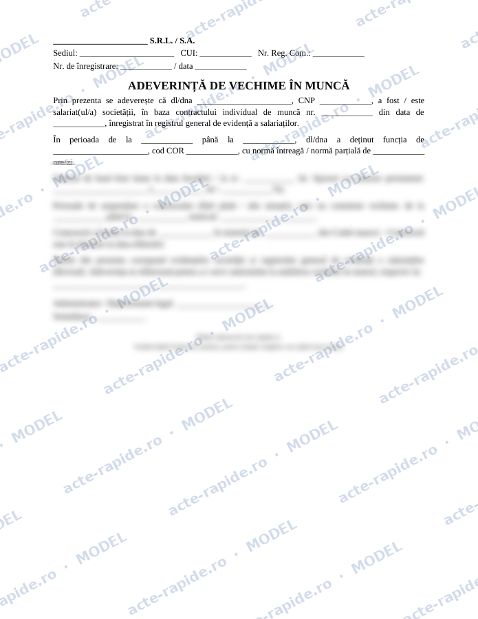 Model adeverință de vechime în muncă: prima pagină a modelului, parțial încețoșată