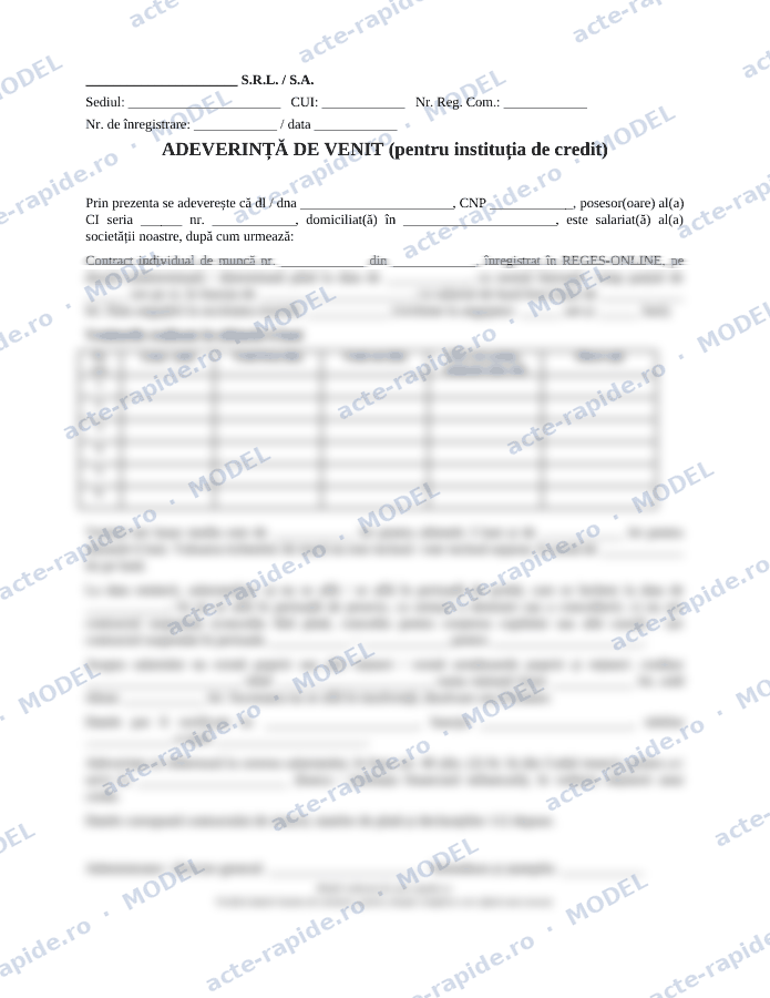 Model adeverință de venit pentru bancă: prima pagină a modelului, parțial încețoșată
