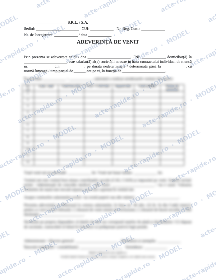 Model adeverință de venit net: prima pagină a modelului, parțial încețoșată