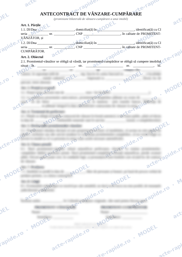 Model antecontract de vânzare-cumpărare imobil: prima pagină a modelului, parțial încețoșată