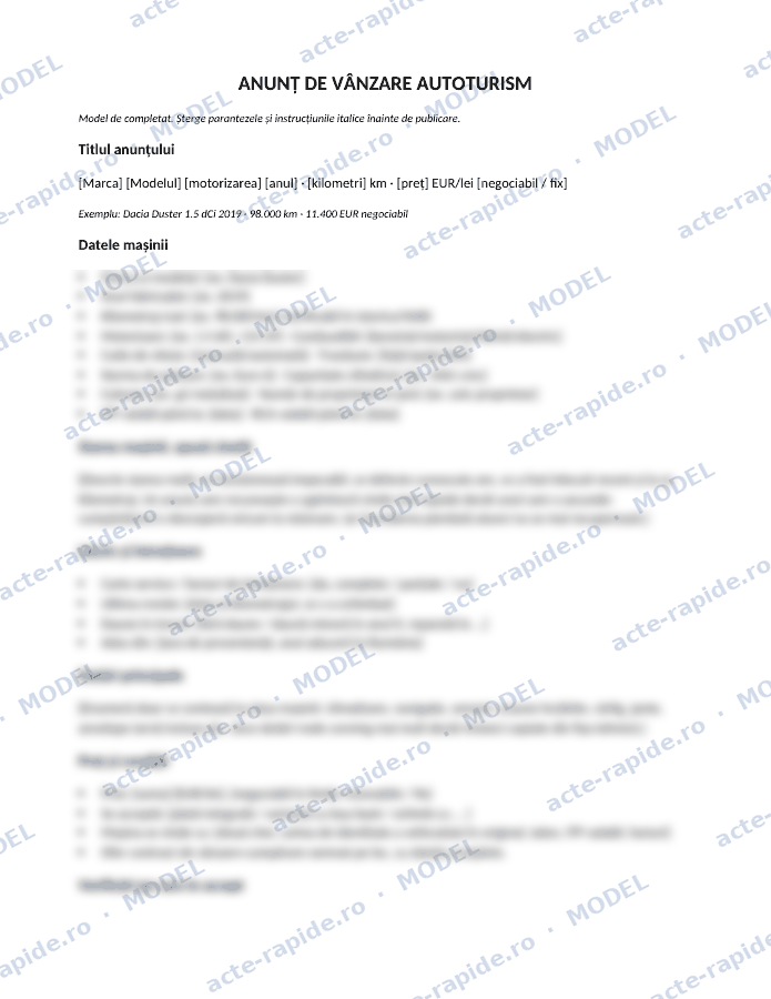 Model de anunț pentru vânzarea mașinii: prima pagină a modelului, parțial încețoșată