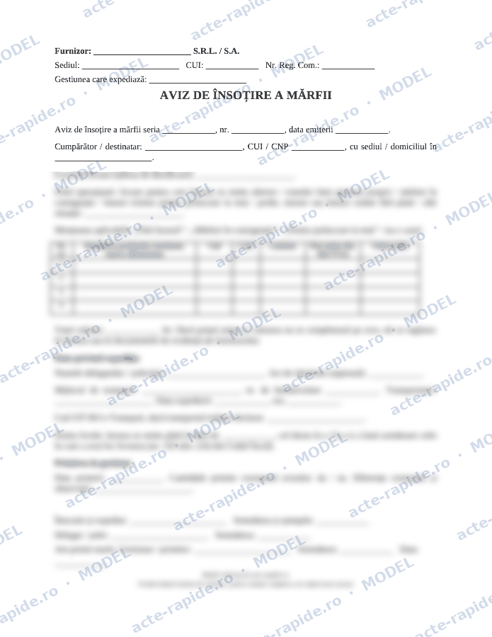 Model aviz de însoțire a mărfii: prima pagină a modelului, parțial încețoșată