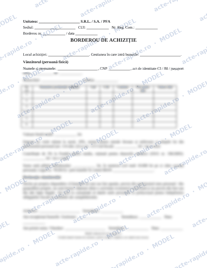 Model borderou de achiziție de la persoane fizice: prima pagină a modelului, parțial încețoșată