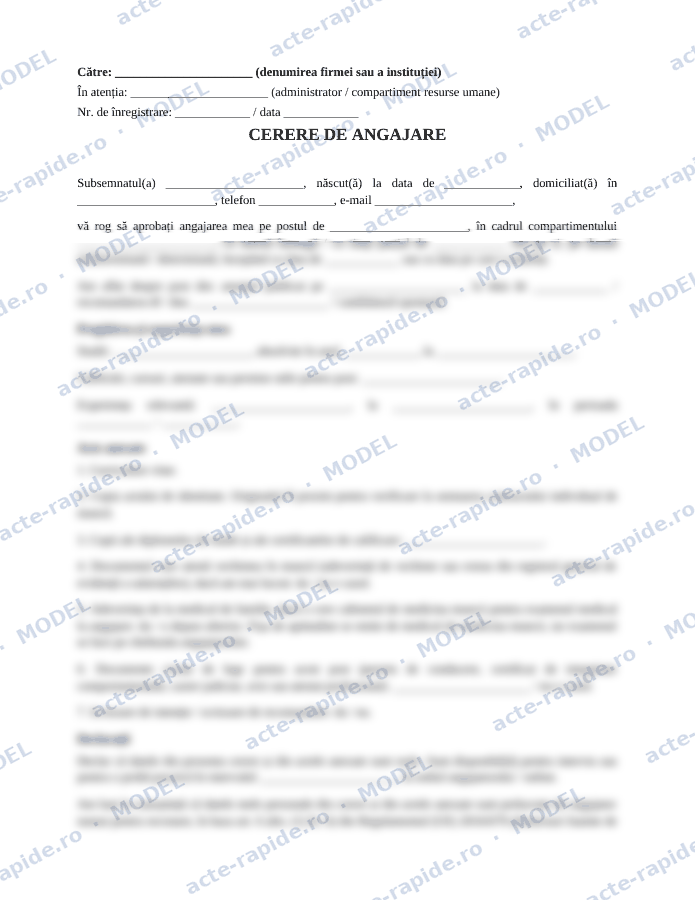 Model cerere de angajare: prima pagină a modelului, parțial încețoșată