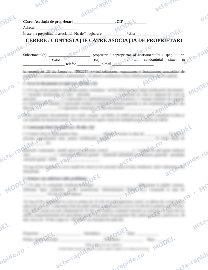 Model cerere către asociația de proprietari: prima pagină a modelului, parțial încețoșată