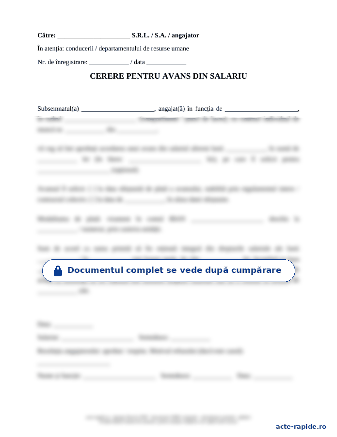 Model cerere de avans din salariu: prima pagină a modelului, parțial încețoșată