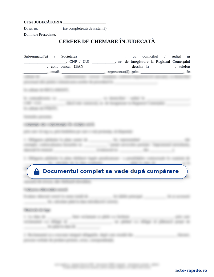 Model cerere de chemare în judecată, pretenții: prima pagină a modelului, parțial încețoșată