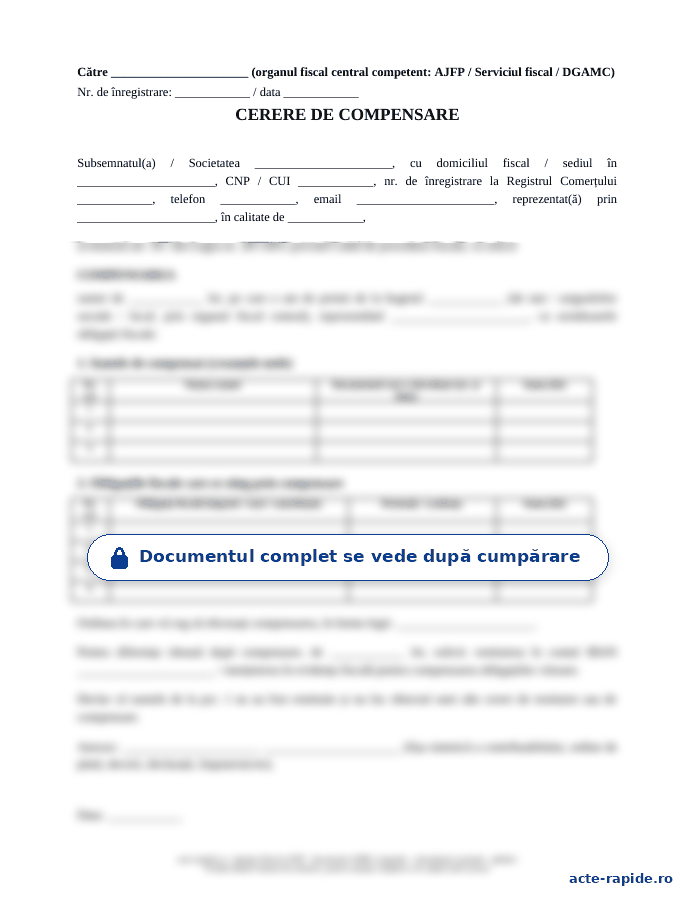 Model cerere de compensare ANAF: prima pagină a modelului, parțial încețoșată