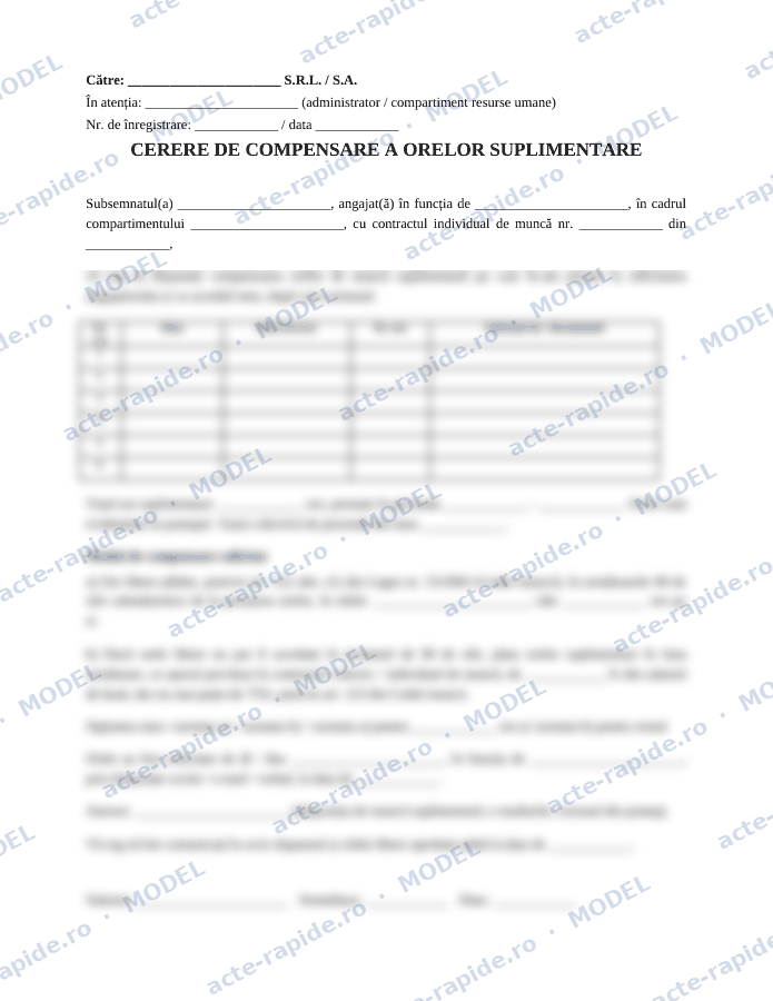 Model cerere de compensare a orelor suplimentare: prima pagină a modelului, parțial încețoșată