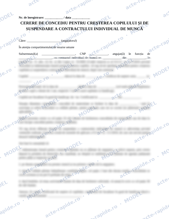Model cerere de concediu pentru creșterea copilului: prima pagină a modelului, parțial încețoșată