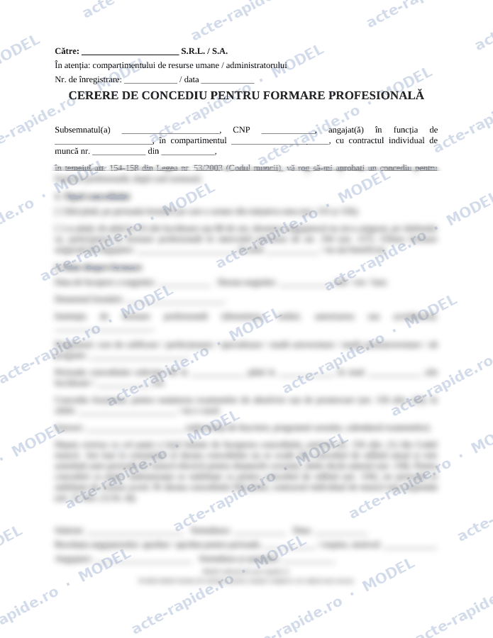 Model cerere concediu pentru formare profesională: prima pagină a modelului, parțial încețoșată