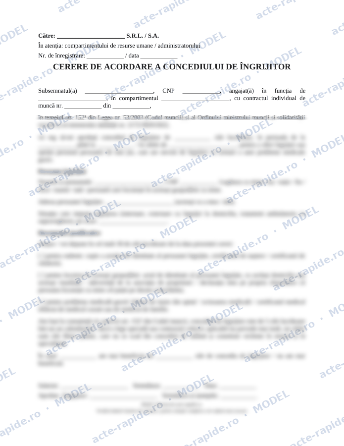 Model cerere concediu de îngrijitor: prima pagină a modelului, parțial încețoșată