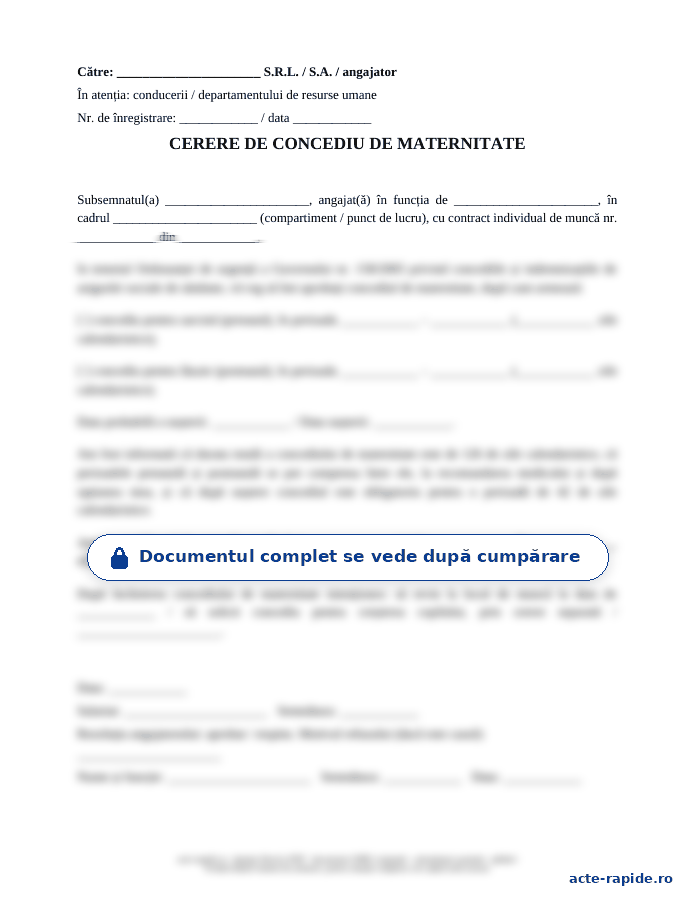 Model cerere de concediu de maternitate: prima pagină a modelului, parțial încețoșată