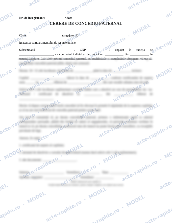 Model cerere de concediu paternal: prima pagină a modelului, parțial încețoșată