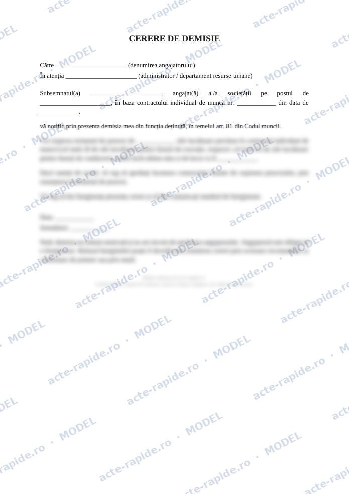 Model cerere de demisie: prima pagină a modelului, parțial încețoșată