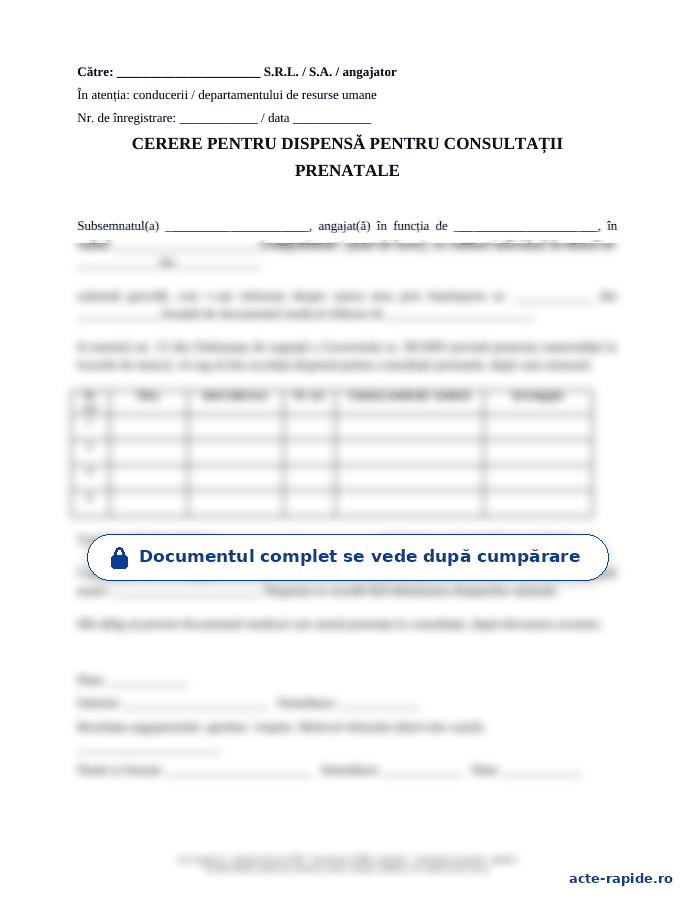 Model cerere dispensă pentru consultații prenatale: prima pagină a modelului, parțial încețoșată