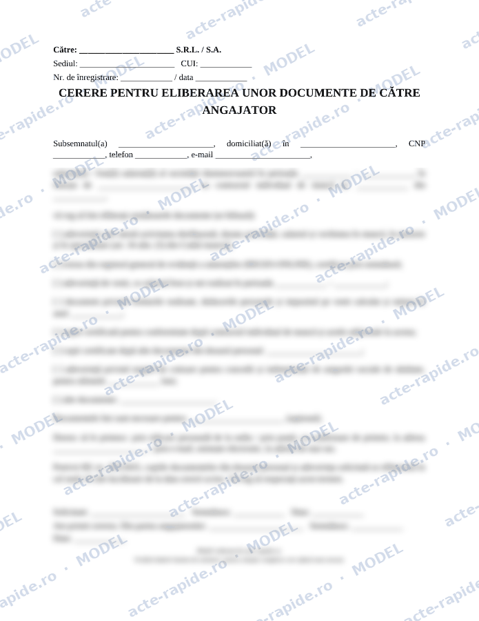 Model cerere de eliberare a documentelor de la angajator: prima pagină a modelului, parțial încețoșată