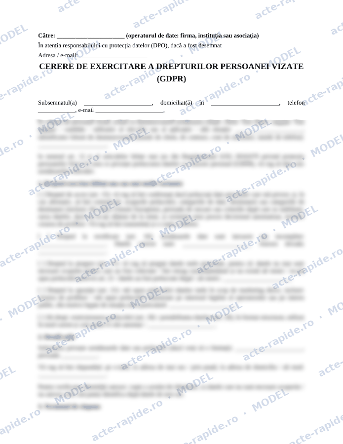 Model cerere GDPR de acces, rectificare sau ștergere a datelor: prima pagină a modelului, parțial încețoșată