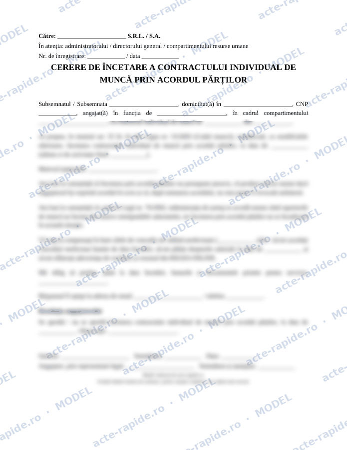 Model cerere de încetare a contractului de muncă prin acordul părților: prima pagină a modelului, parțial încețoșată
