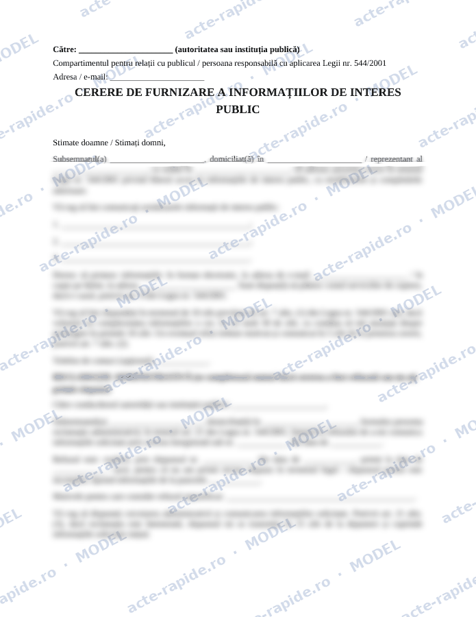 Model cerere de informații de interes public, Legea 544/2001: prima pagină a modelului, parțial încețoșată