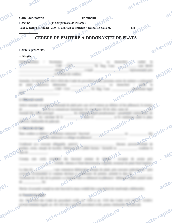 Model cerere ordonanță de plată: prima pagină a modelului, parțial încețoșată