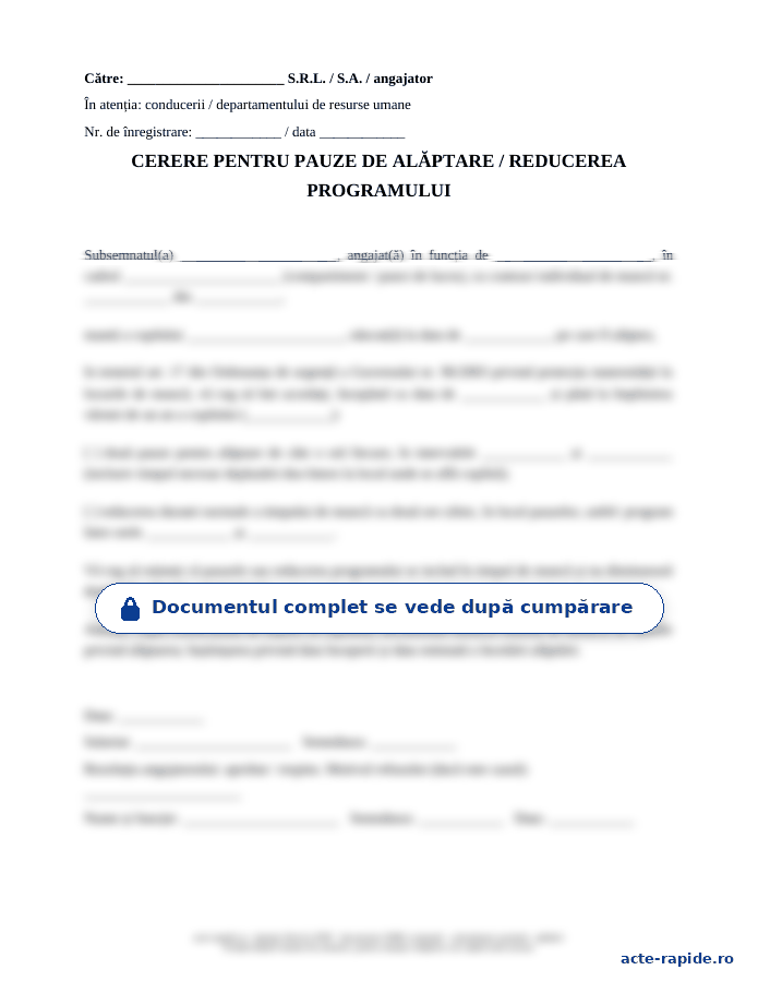 Model cerere pentru pauze de alăptare: prima pagină a modelului, parțial încețoșată